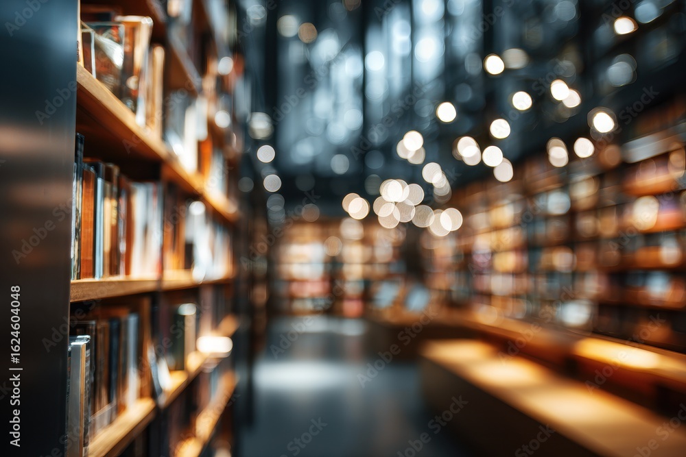 Obraz premium Blurry interior of a library with wooden bookshelves
