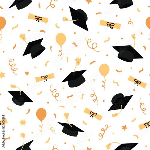 Festive graduation pattern featuring caps, diplomas, balloons, and confetti on a white background, vector design