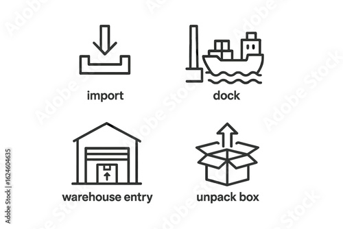 Import and dock icons with warehouse entry and unpack box illustrations