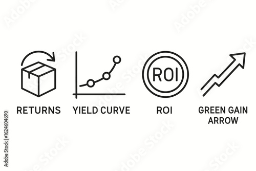 Financial icons highlighting returns, yield curve, roi, and green gain arrow trends