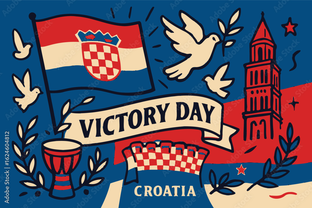 Naklejka premium Victory Day, Croatia, Croatian flag, military victory, national pride, Croatia map,
