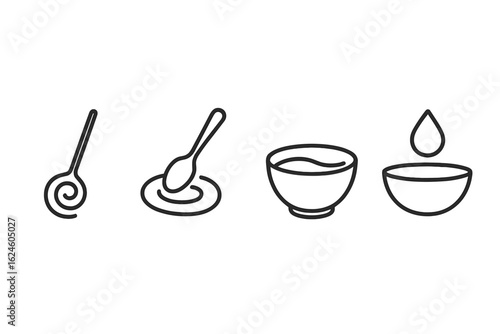Line art icons: stirring spoon, mixing bowl, droplet for kitchen themes