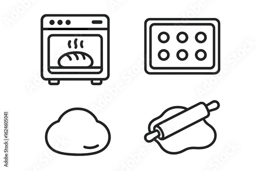 Black and white icons of baking elements: oven, baking tray, dough, rolling pin