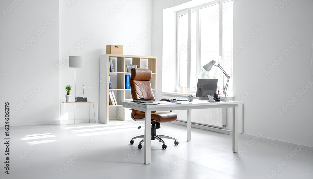 Fototapeta premium Sunlit Minimalist Office with a Statement Brown Leather Executive Chair