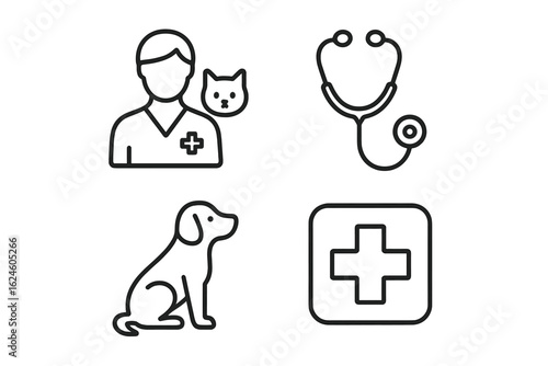 Veterinary icons set: vet, cat, dog, stethoscope, medical cross symbols