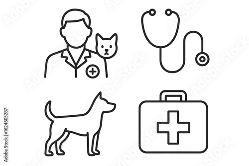 Veterinarian symbols: male doctor, cat, dog, stethoscope, first aid kit