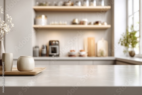 Kitchen countertop with decor, blurred background