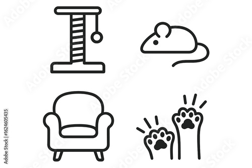 Cat essentials icons: scratching post, toy mouse, armchair, and claw marks