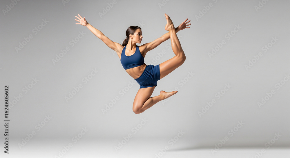 Fototapeta premium One Fit Woman Doing a Random Yoga Pose in Studio with Solid Background – Wearing Shorts and Sports Bra, Wellness and Fitness Theme