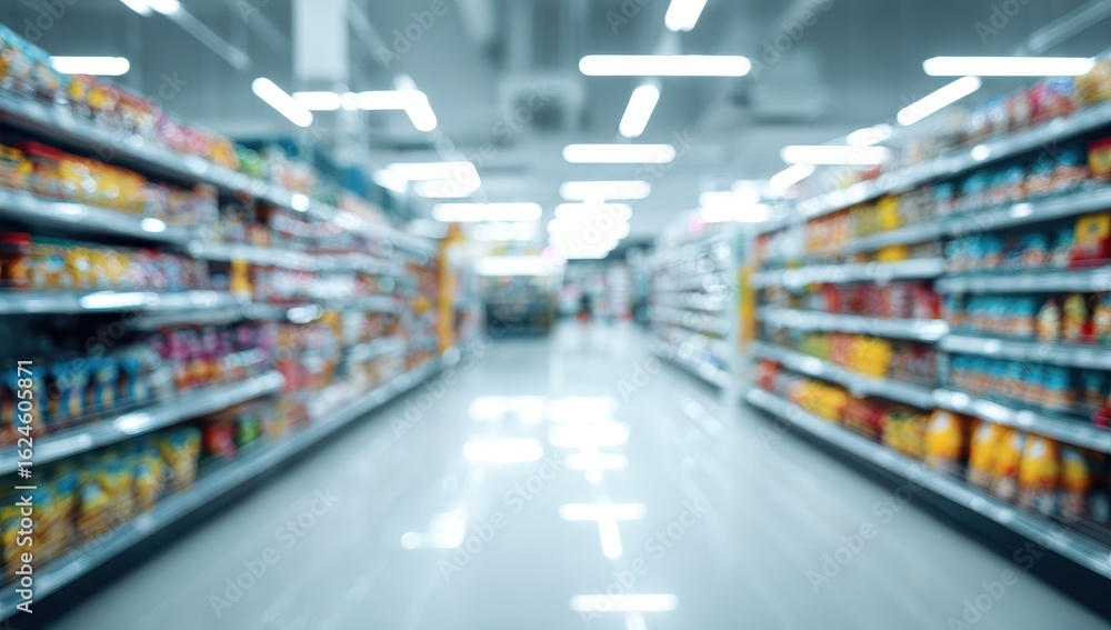 Blurred supermarket aisle, brightly lit shelves (1) Blurred supermarket aisle, brightly lit shelves (1)