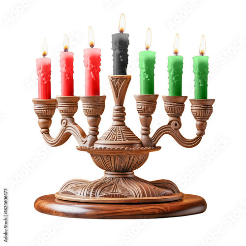 The wooden kinara candleholder, that represent the seven principles of the African American celebration Kwanzaa. Cutout image on a transparent background.