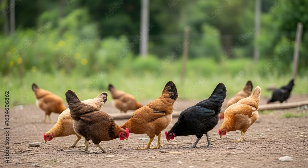 Fototapeta premium Free-range chickens foraging on a farm, diverse breeds pecking at the ground.