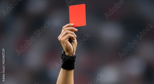 Referee's hand holding up a red card during a soccer or football match, indicating a penalty or ejection.