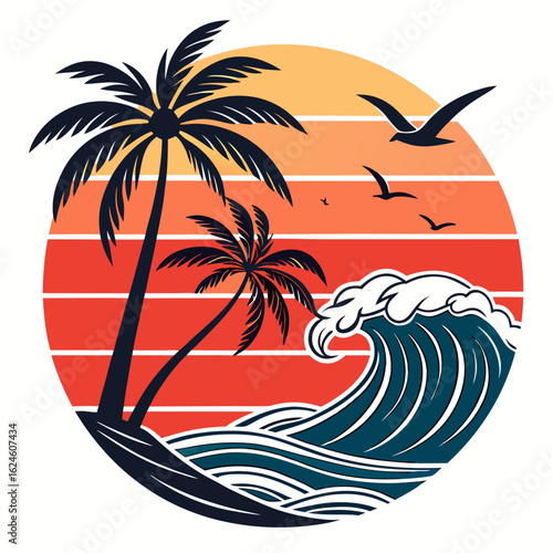 Tropical sunset beach paradise scene with palm trees and flying birds