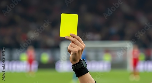 Referee's hand holding a yellow card during a soccer game.