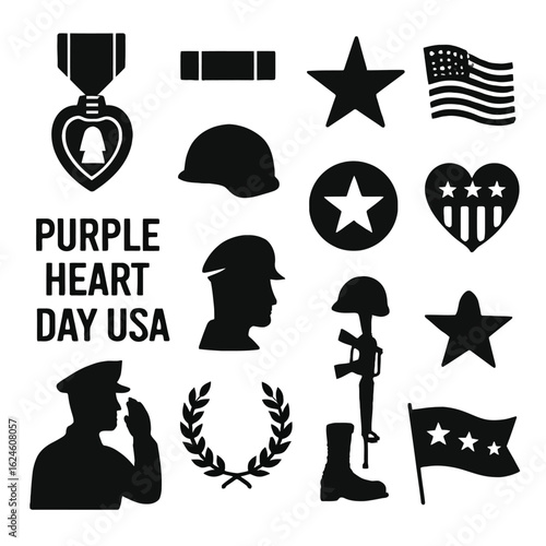 Purple Heart Day USA – 12/16 Solid Black Silhouette Vector EPS Set Collection