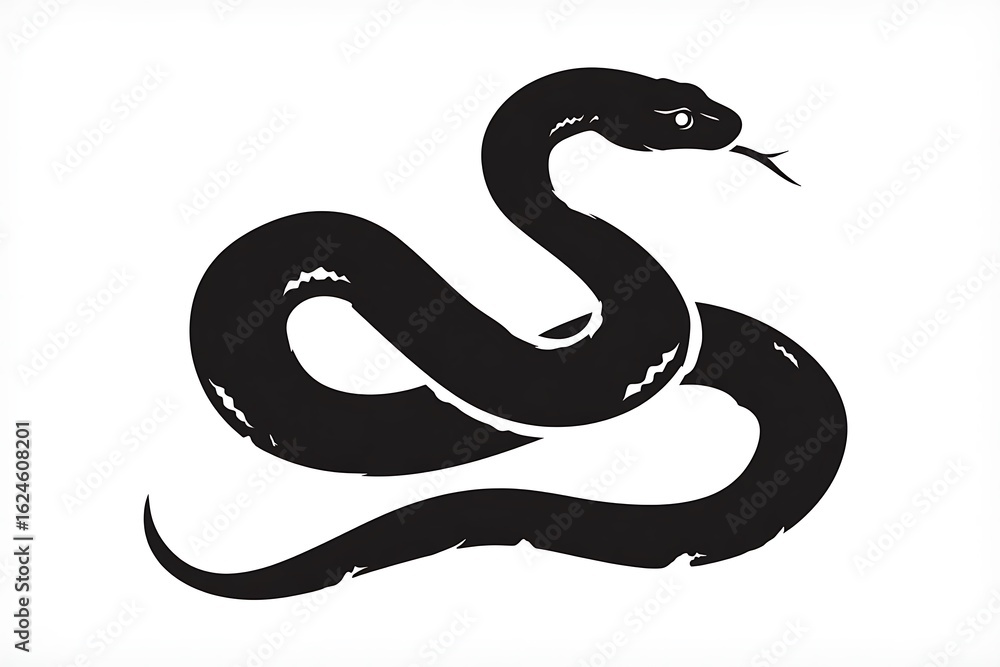Naklejka premium Striking Black Snake Silhouette in Coiled S-Shape with Raised Head and Tongue Outlined on Clean Background for Bold Visual Impact