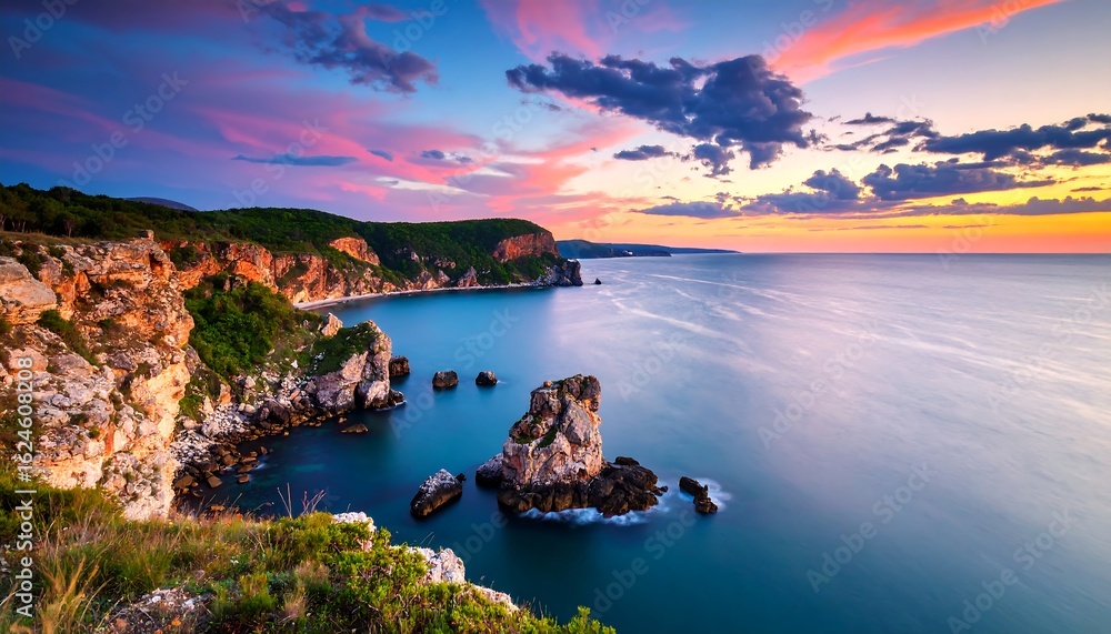 Dramatic Coastal Sunset: Cliffs, Rocks, and Vibrant Sky over Tranquil Waters Dramatic Coastal Sunset: Cliffs, Rocks, and Vibrant Sky over Tranquil Waters