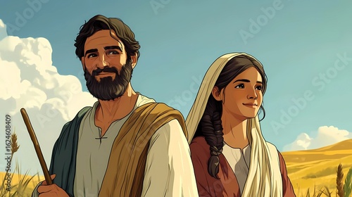 Boaz and Ruth in harvest field. Bible story