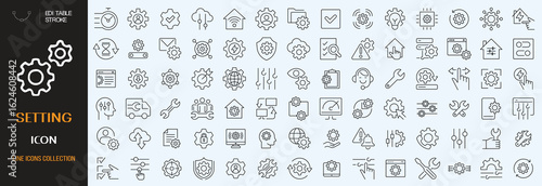 Settings icon set. Containing options, configuration, preferences, adjustments, gear, control panel, equalizer, management, optimization and more icons. Vector illustration. editable stroke