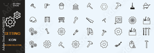 Settings icon set. Containing options, configuration, preferences, adjustments, gear, control panel, equalizer, management, optimization and more icons. Vector illustration. editable stroke