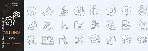 Settings icon set. Containing options, configuration, preferences, adjustments, gear, control panel, equalizer, management, optimization and more icons. Vector illustration. editable stroke