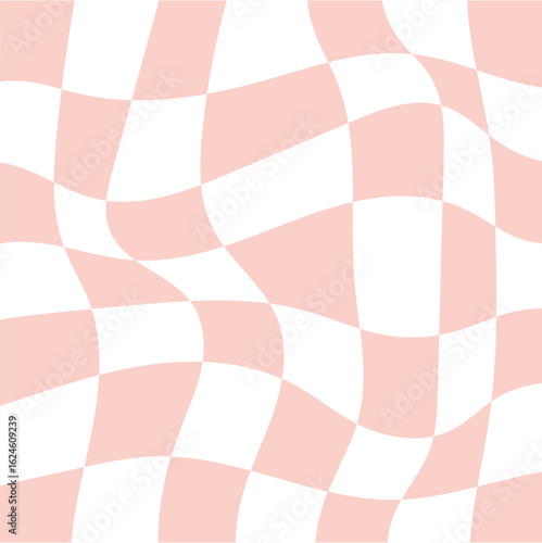 Abstract warped checkered pattern in pastel pink and white creating a trendy and eye catching design element