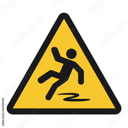 A yellow triangle sign warns of a slippery surface, preventing potential falls and accidents. Modern flat vector sticker label with icon and badge style, transparent background