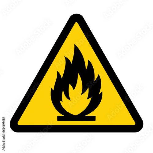 A yellow triangle hazard sign with a black flame, warning of flammable materials. Modern flat vector sticker label with icon and badge style, transparent background