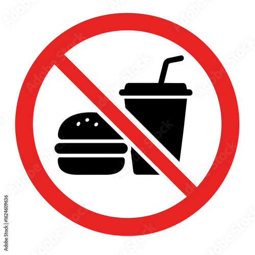 A red and black prohibition sign indicating no food or drink allowed in the area. Modern flat vector sticker label with icon and badge style, transparent background