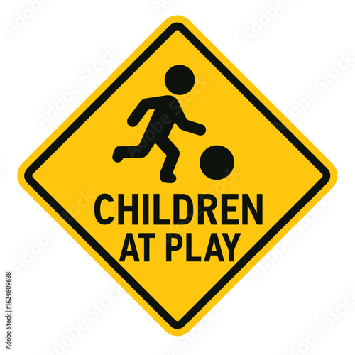 Children at play warning sign alerting drivers to be cautious of kids. Modern flat vector sticker label with icon and badge style, transparent background