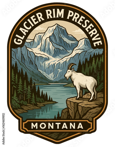 A beautiful illustration of the Glacier Rim Preserve in Montana, featuring a mountain goat. Vintage vector emblem badge patch, retro design, transparent background