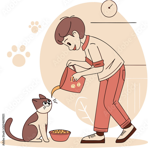 A teenage boy pouring cat food into a bowl while the cat waits