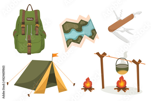Set cute icons of camping equipment for hiker.