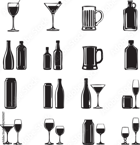 Drinkware and Bottle Silhouettes Vector Set – Wine Glasses, Martini, Beer Mugs, Cans, and Liquor Bottles