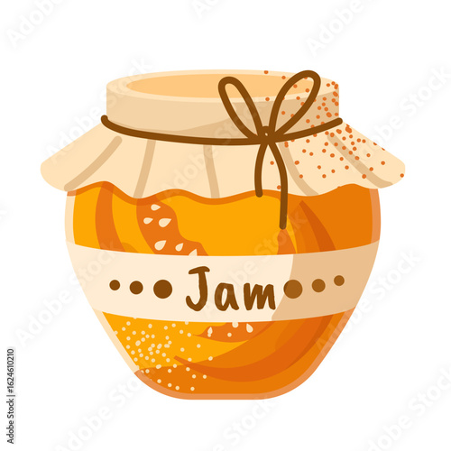 Illustration of pumpkin jam in a glass jar with pumpkin pieces. Dessert design element in flat style.
