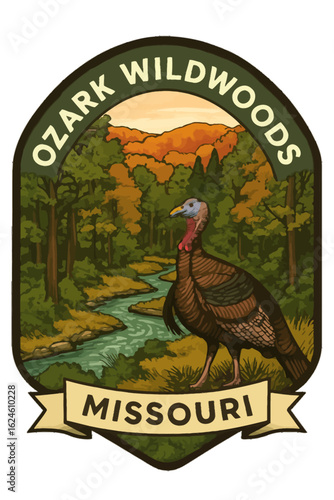 This vintage-style illustration showcases a wild turkey in the Ozark Wildwoods, Missouri, enjoying a scenic landscape. Vintage vector emblem badge patch, retro design, transparent background
