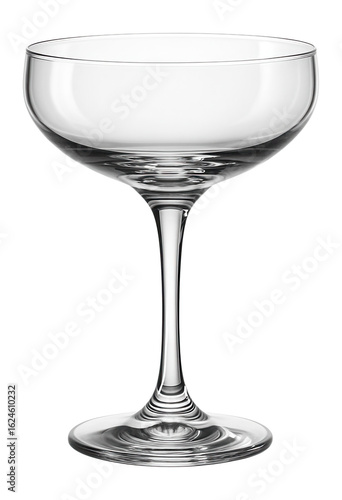 Elegant clear glass coupe with a wide bowl and slender stem, suitable for showcasing cocktails or champagne in a sophisticated setting.