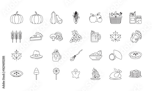 Autumn Begins icons – outline set of harvest foods and fall flavors
