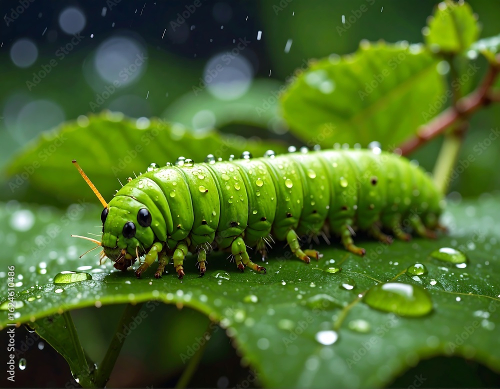 Naklejka premium Vibrant green caterpillar covered in raindrops crawling on a lush green leaf
