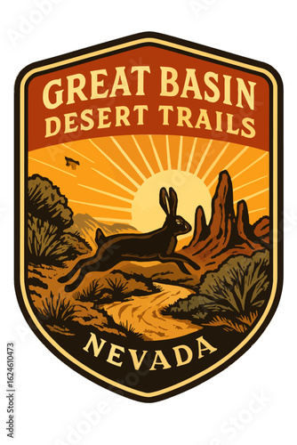 The Great Basin Desert Trails emblem showcases a jackrabbit amidst a desert sunset. Vintage vector emblem badge patch, retro design, transparent background