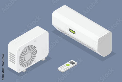 Air conditioner: indoor AC, outdoor AC and remote control. Home appliances for climate control. 3d flat isometric vector illustration.