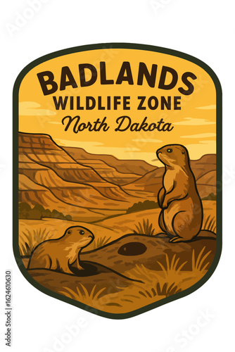 The Badlands Wildlife Zone in North Dakota is the focus of this charming, vintage illustration. Vintage vector emblem badge patch, retro design, transparent background