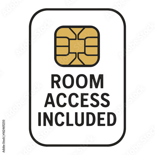 A room access card with a chip, indicating room access is granted. Modern flat vector sticker label with icon and badge style, transparent background