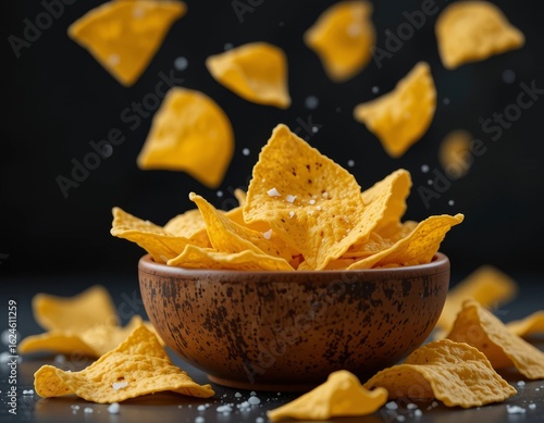 Crunchy tortilla chips with salt sprinkled over them, some falling into a rustic bowl against a dark background.