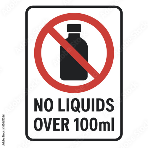 Sign prohibiting liquids over 100ml, ideal for conveying security measures. Modern flat vector sticker label with icon and badge style, transparent background