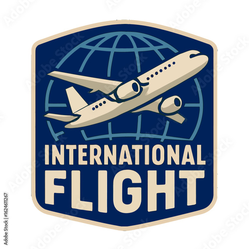A vibrant logo showcasing international flight with an airplane against a globe. Modern flat vector sticker label with icon and badge style, transparent background