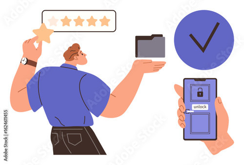 Wallpaper Mural Person holding a star, rating bar with five stars, folder icon, checkmark, and mobile phone unlocking sequence. Ideal for productivity, feedback, security, achievement digital tools user Torontodigital.ca