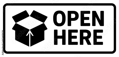 Open here sign with a box and arrow, instructing where to open a package. Modern flat vector sticker label with icon and badge style, transparent background