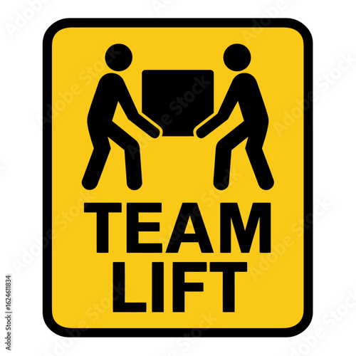 A team lift sign indicates the need for two people to lift safely and together. Modern flat vector sticker label with icon and badge style, transparent background